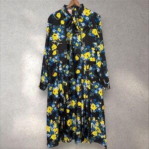 PLAN C Floral‎ Pleated Tie Neck Long Sleeve Midi Maxi Dress Sz IT 44 US 8